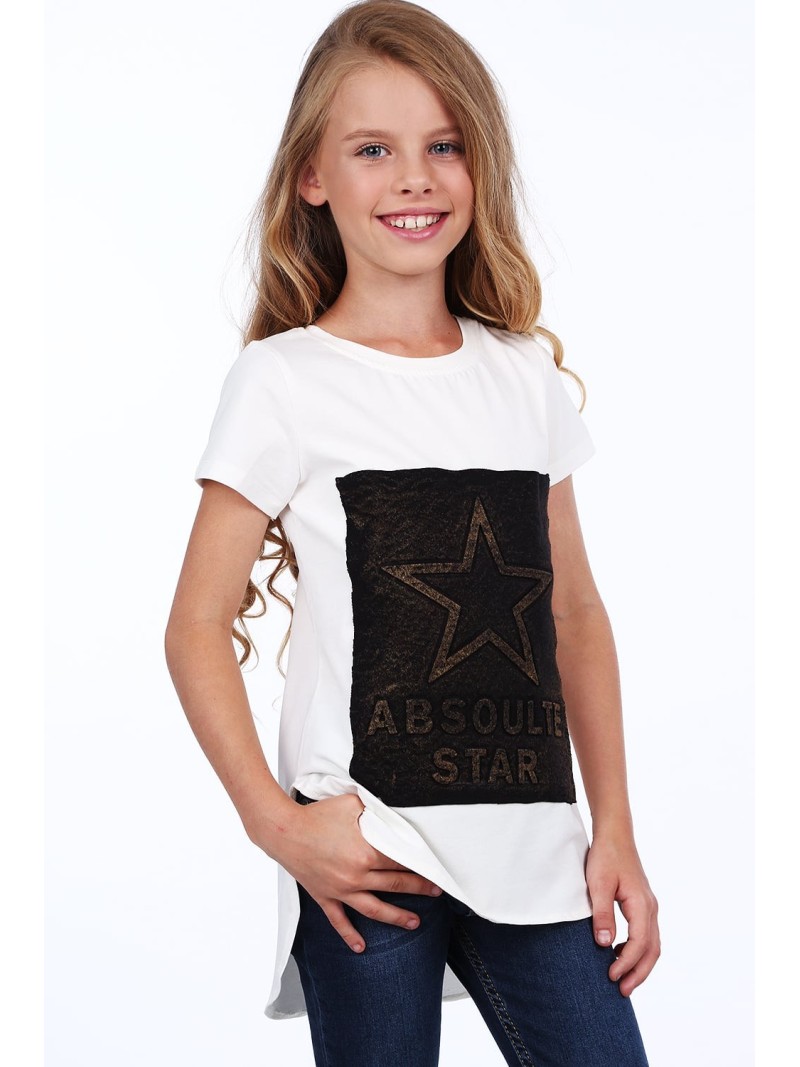 Girls\' T-shirt with a longer back, cream, NDZ8209 - Online store - Boutique